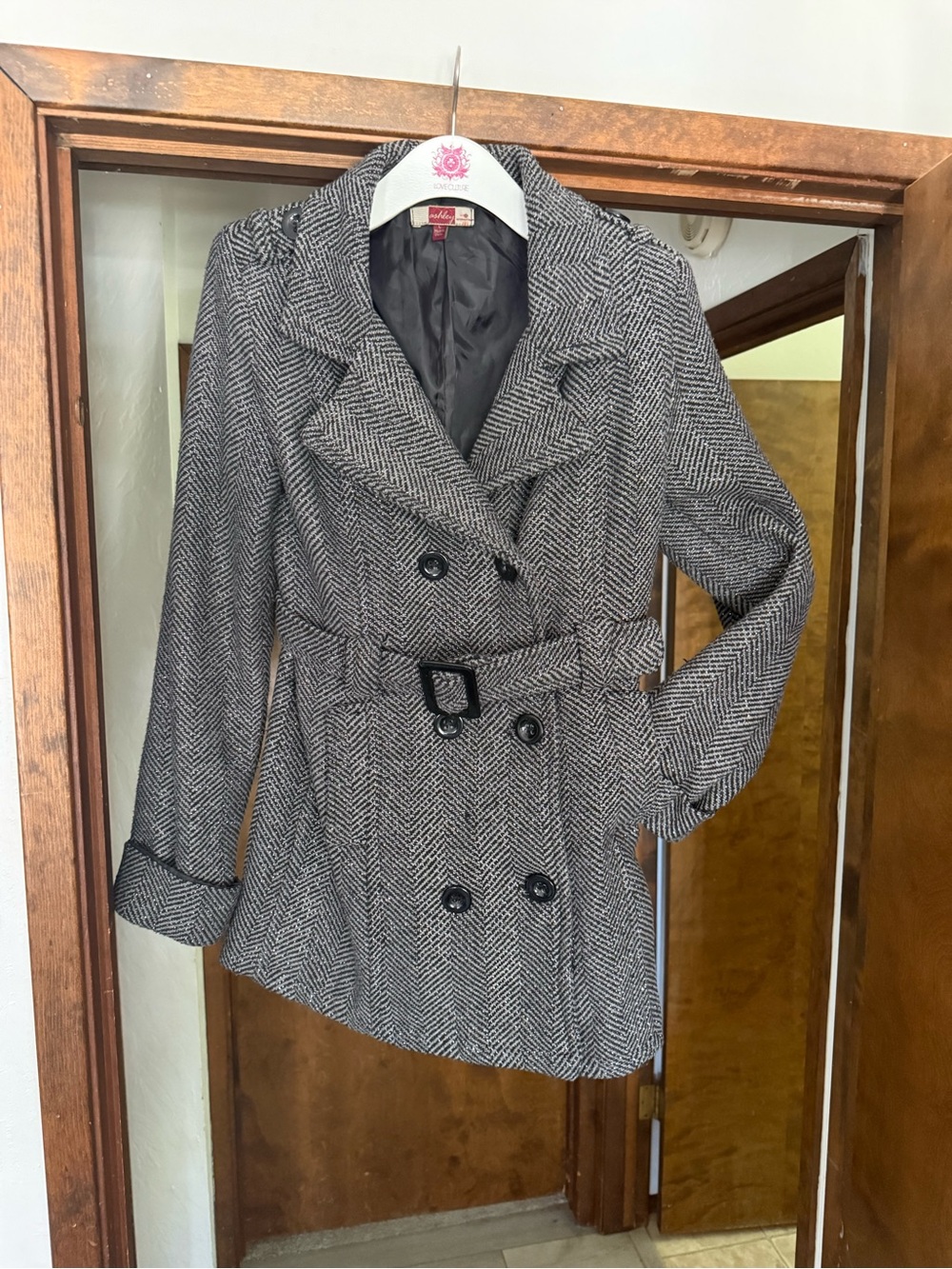 Ashley By 26 International Gray Herringbone Double-Breasted Peacoat